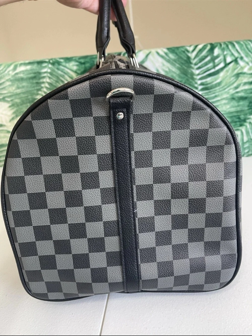 Ed Hardy Black & Gray Checkered Duffel with Colorful Eagle Heart Graphic